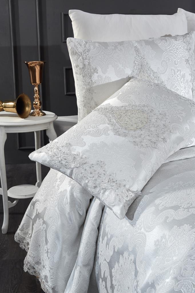 Omrum Bettwäsche-Set, Tagesdecke 250x260, Laken 220x240, Chenille-Stoff, Creme - Silber