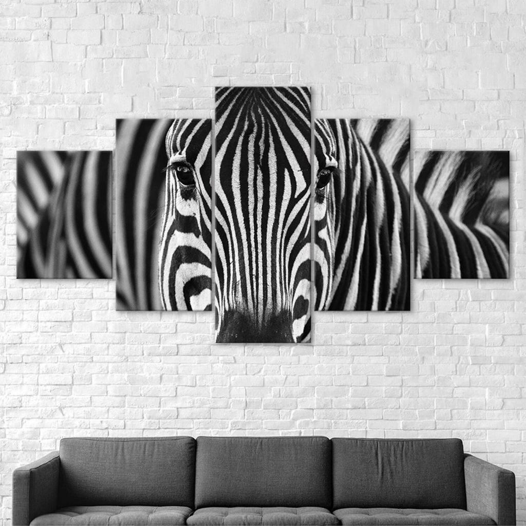 Zebra Black And White Stripes Camouflage 5 Piece Five Panel Wall Canvas Print Modern Poster Pictures Home Decor Gift For Him For Her