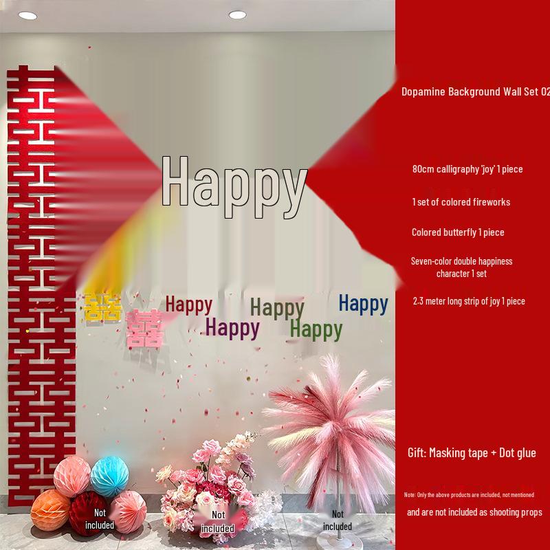 Dopamine Wedding Décor Set: Double Happiness Stickers & Bride's Bedroom Sofa Photo Backdrop Wall Décor