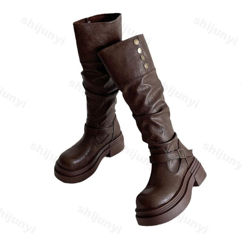Mode Damenmode Ritterstiefel Herbst Winter Mode Schnallenriemen Cowboy Stiefel Bequeme Höhenerhöhung Rutschfeste Mid-Calf Stiefel