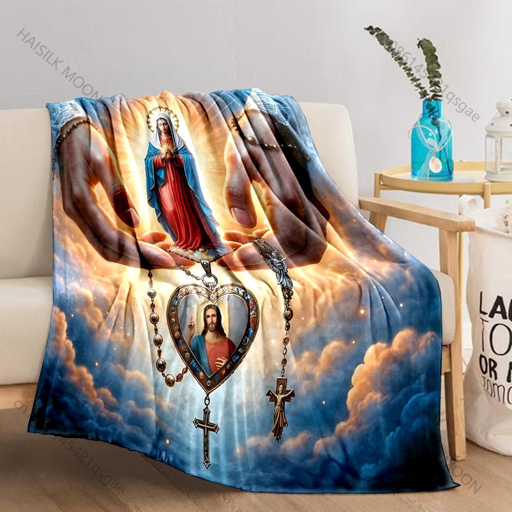 1PC Virgin Mary holding rosary Print Believer Pray blanket Warm soft flannel material suitable for all seasons luxurious gift