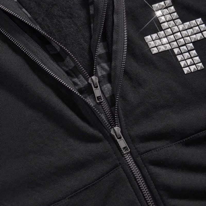 Unisex Gotisches Kreuz Strassstein Verzierter Kapuzen Reißverschluss Übergroßer Streetwear Pullover Schwarz