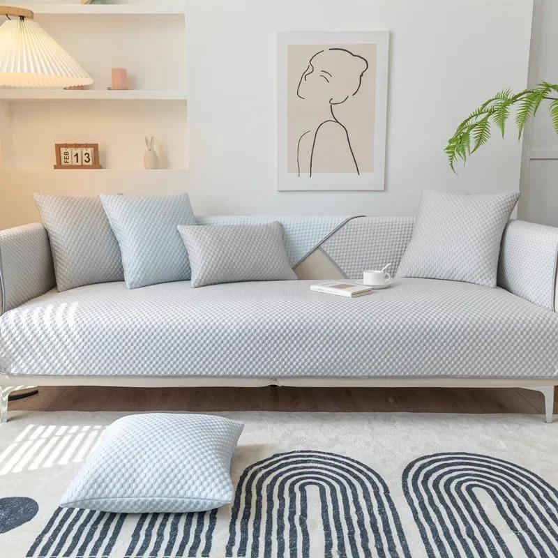 Summer Ice Silk Sofa Cushion Minimalist Polka Dot Solid Color Couch Cushion Comfortable Dustproof Breathable Non Slip Sofa Towel