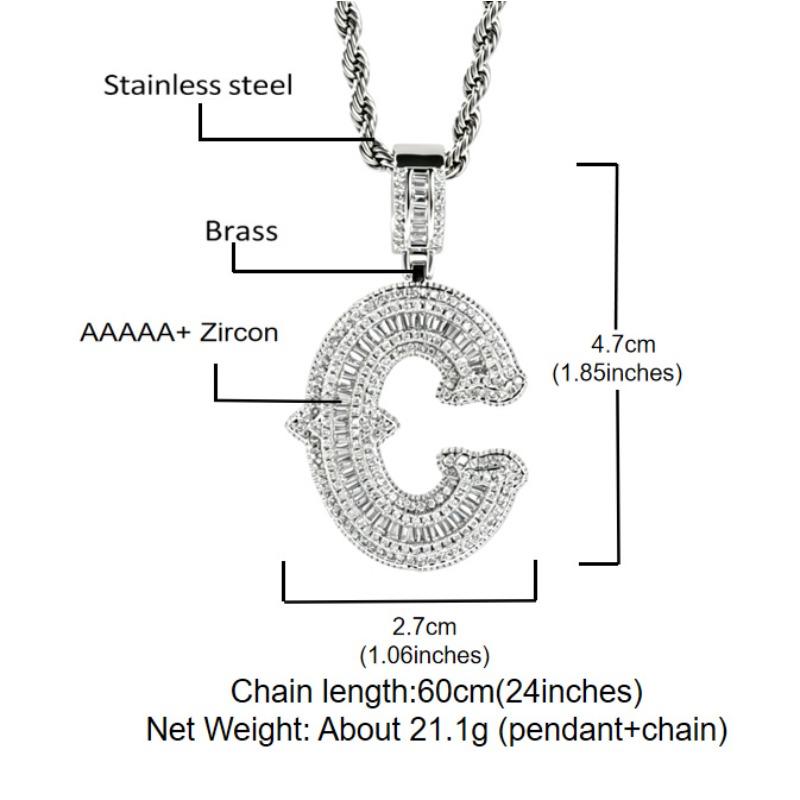 European and American New Hip Hop 26 English Letter Necklace Copper Set Zircon with Thorn Rock Sugar Letter Men's Necklace Pendant