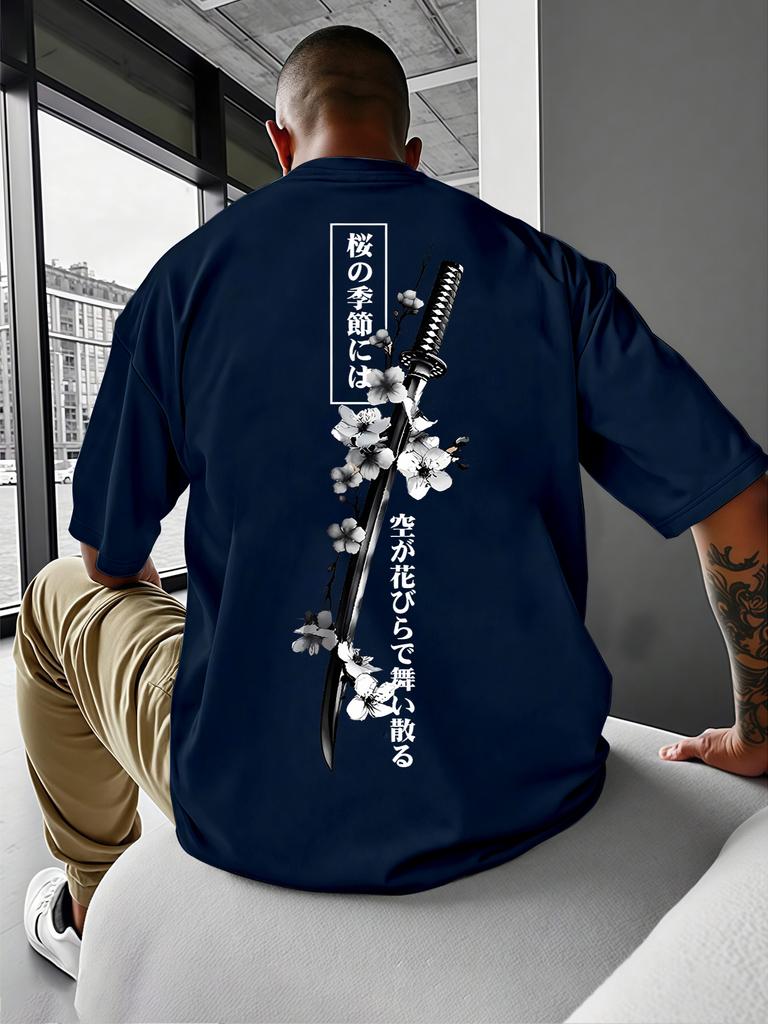 Vintage Japan Samurai Katana Sakura Kanji Back Printed Unisexs Cotton Short Sleeve Harajuku Street Casual Daily Fashion Tops