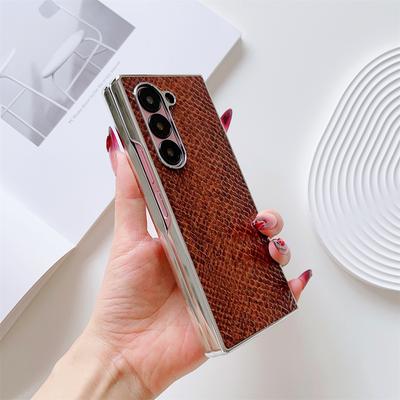 Electroplate Frame Phone Case for Samsung Galaxy Z Fold 7 6 5 4 3 Fold7 Fold6 Serpentine Leather ShockProof Protective Cover
