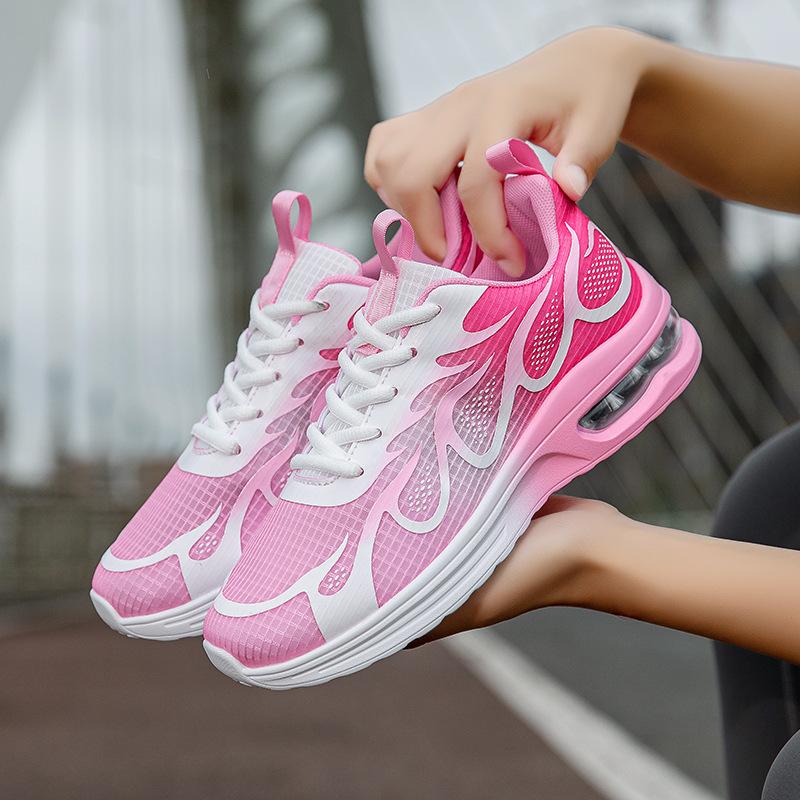 Air Cushion Women's Shoes Running Shoes Flying Woven Mesh Shoes Lace-up Size Sports Shoes Women's Flat Bottom Shock Absorption Casual Shoes Large Size