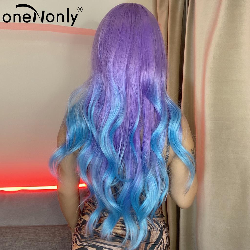 oneNonly Purple Blue Wig with Bangs Long Wavy Cosplay Lolita   Women Wigs  Halloween Party High Temperature Hair