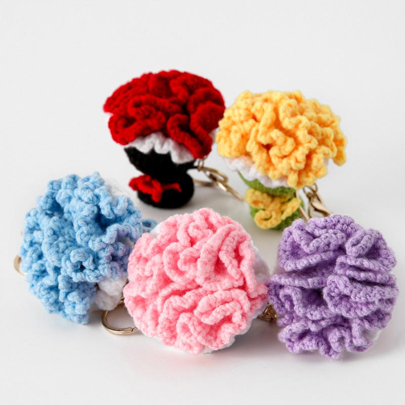 Crocheted Carnation Bag Pendant Ornament Key Rings Holders Unique Handheld Flower Design Creative Gift Decorative 5 Colors