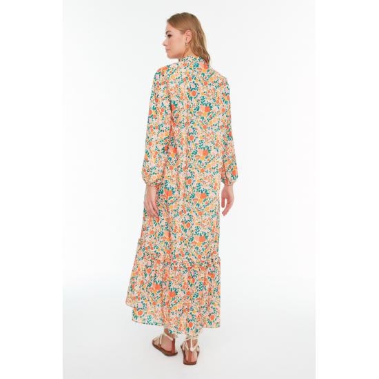 Fusta cu jumătate de guler cu flori portocalii Rochie cu volan lat