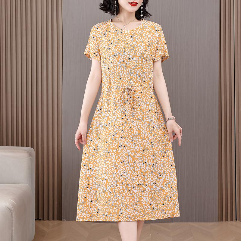 Summer Woman Elegant Dress  New Casual Short Sleeve Korean Style Clothes Women Vintage Print Long Dress