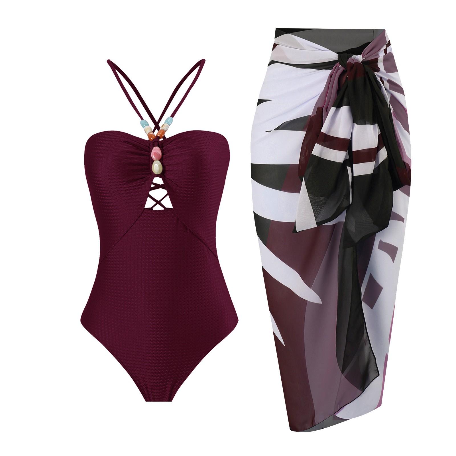 

Womens One Piece Swimsuit with Adjustable Straps and Decorative Beads Crisscross Front Cutout with Printed Sarong Beach Cover Up Set M винный