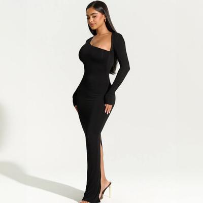 European and American Women's Elegant Black Irregular Collar Long Sleeved Slim Fit Sexy Spicy Girl Autumn and Winter Party Long Skirt