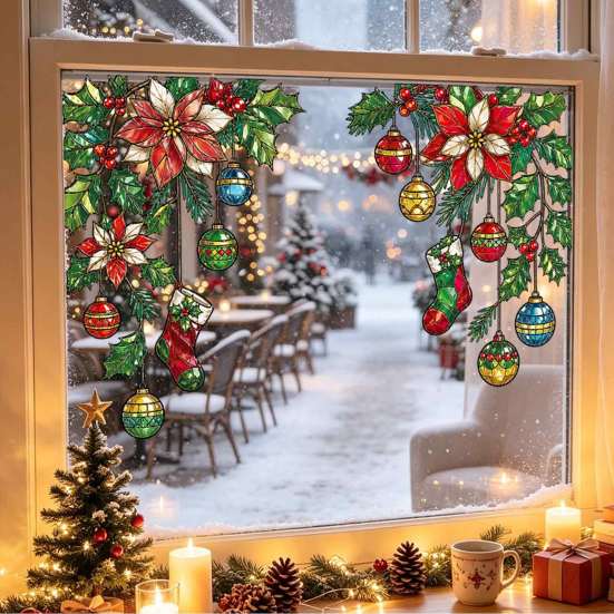Removable Vinyl Window Decals 2Pcs Stained Glass Style Film, Hanging Vine Stickers, Christmas Weather Resistant Halloween Static Clings for