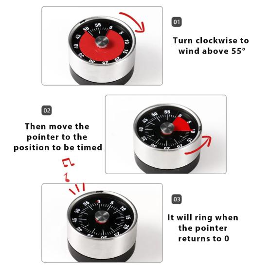Magnetyczny Wizualny Minutnik Kuchenny Mechaniczny Zegar Odliczający Stal Nierdzewna Głośny Alarm do Gotowania Pieczenia Nauki Łatwy do Odczytania Cyferblat 0-60