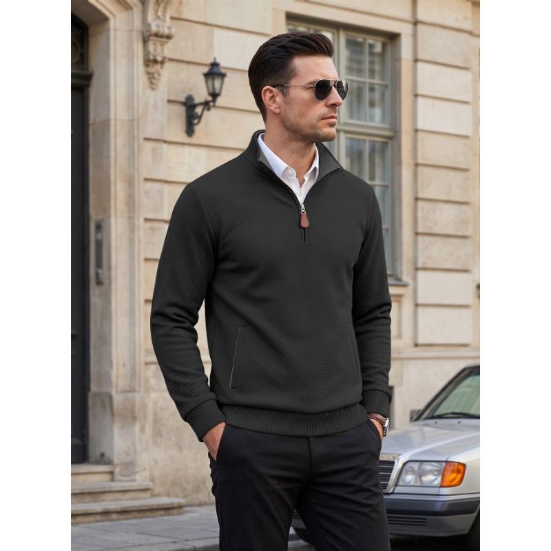Men S Loose Fit Jacquard Stand Collar Sweatshirt With Zipper Pockets For Spring Autumn