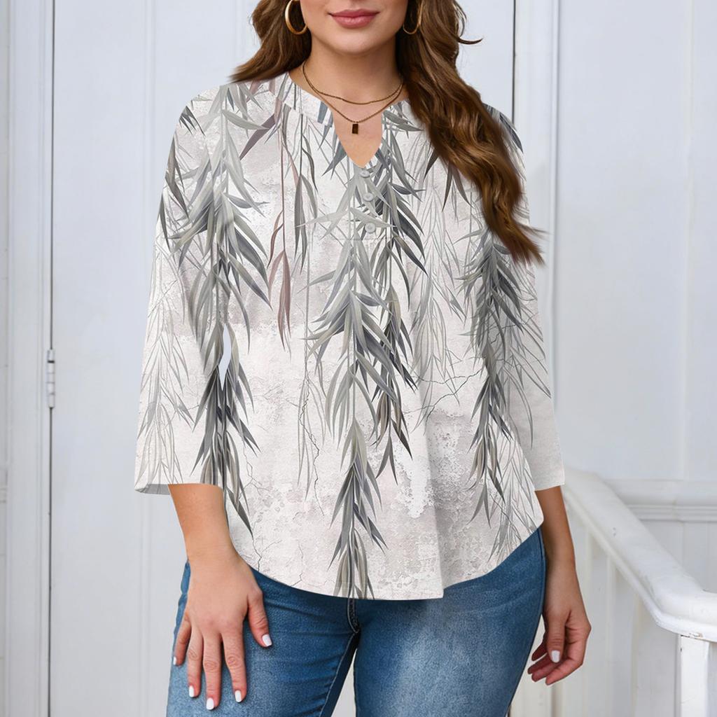 Women's Plus Size Fashionable Casual Loose Fit Three Quarter Sleeve Elegant Button Up V Neck Top
