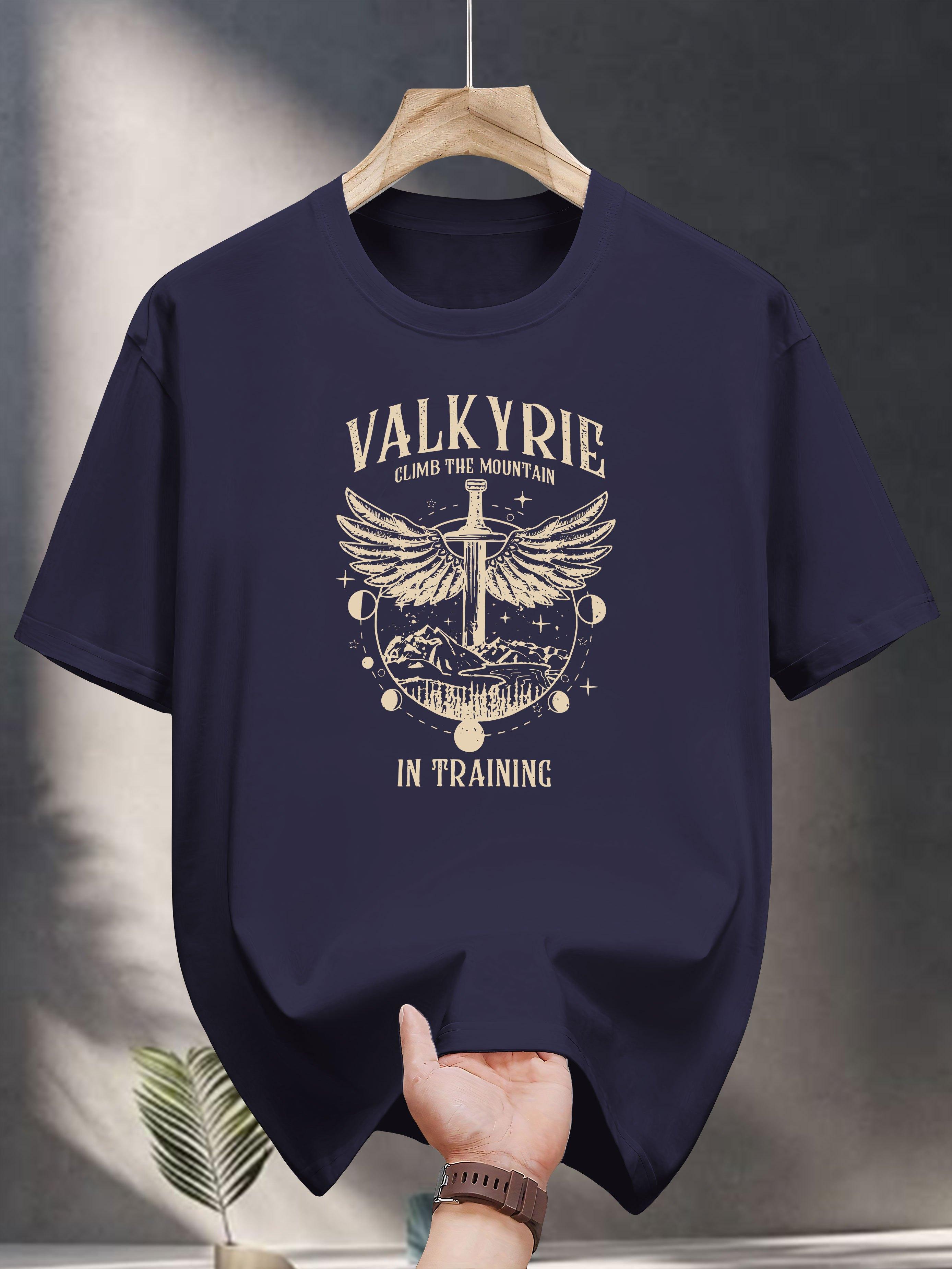 

Cotton Casual Short Sleeve T-shirt with Valkyrie Training Graphic Print - Black with Golden Design L
