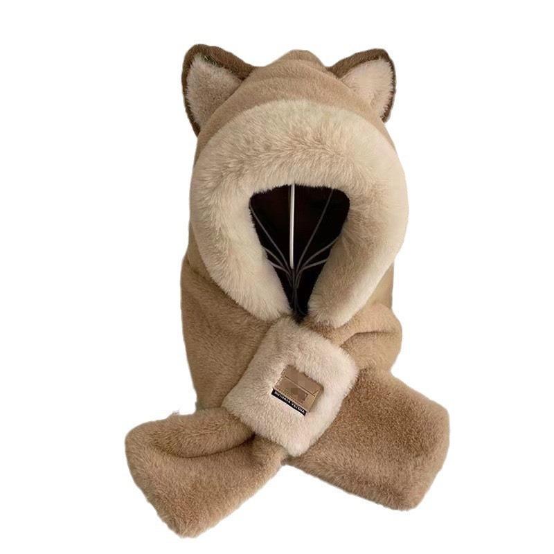 Hat and scarf integrated women's winter new rabbit plush cute bear scarf cycling warm cover hat