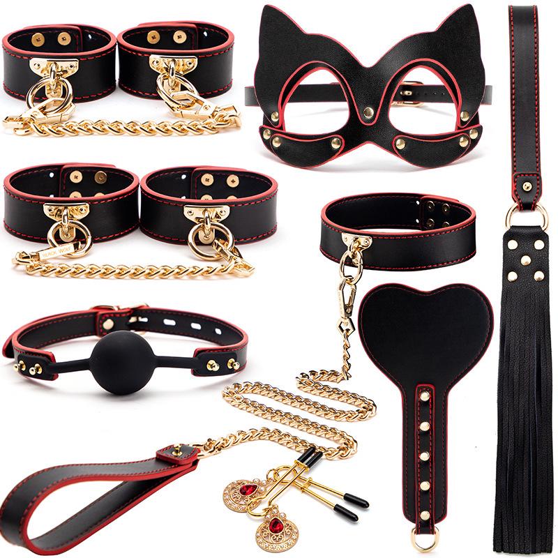 8-Piece Leather Bondage Set: Handcuffs, Foot Cuffs, and Teasing Accessories for Couples