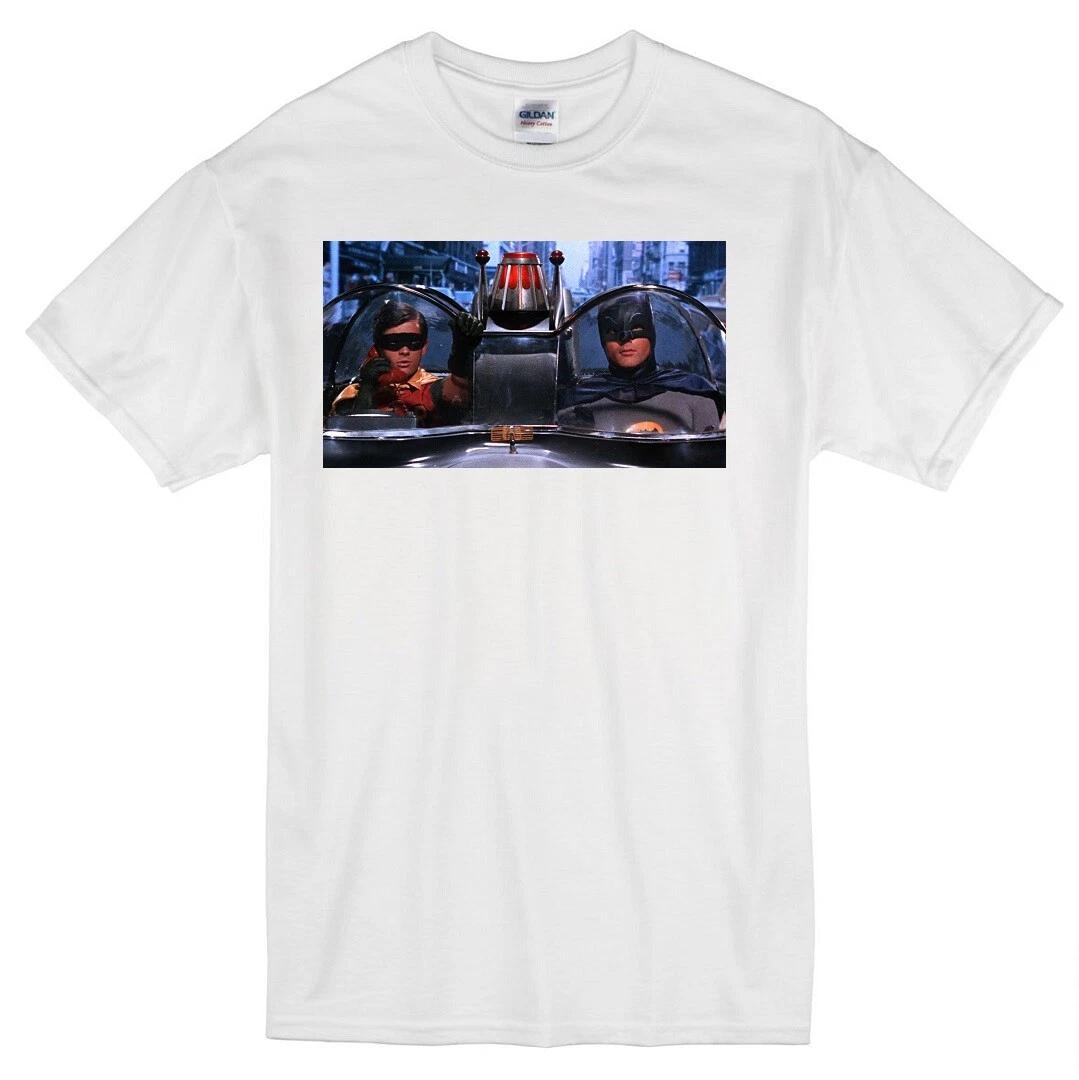 

BATMAN ROBIN BATMOBILE ADAM WEST BURT WARD RETRO 1960 S TV SHOW WHITE T-shirt 3XL