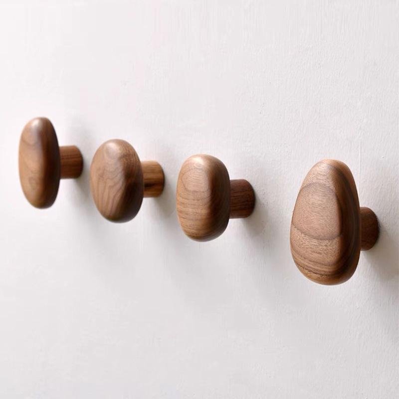 Solid Wood Handle Clothes Hook Coat Hook Wall-Mounted Hook Punch-Free Door Clothes Hanger Pebble Shape Cabinet Door