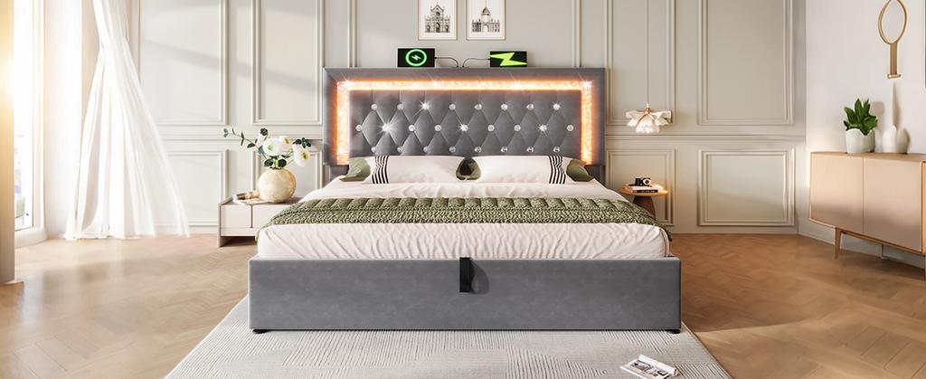 Polsterbett 180x200 cm Samt mit LED-Diamantstreifen, USB- & Typ-C-Ladestation, Stauraum, Lattenrost, grau (ohne Matratze)
