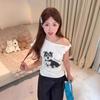 Sweet Spice Girl Fun Puppy Print White Slash Shoulder Short Sleeve T-Shirt Women's Summer New Slim-Fit Design Off-Shoulder Top