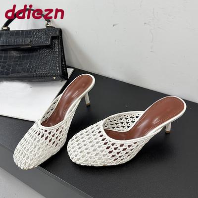 Fashion Big Size 43 Fashion Weave Women Heeled Sandals Slides Shoes Round Toe Shallow Ladies Thin Heels Sandals Mules Female Pumps