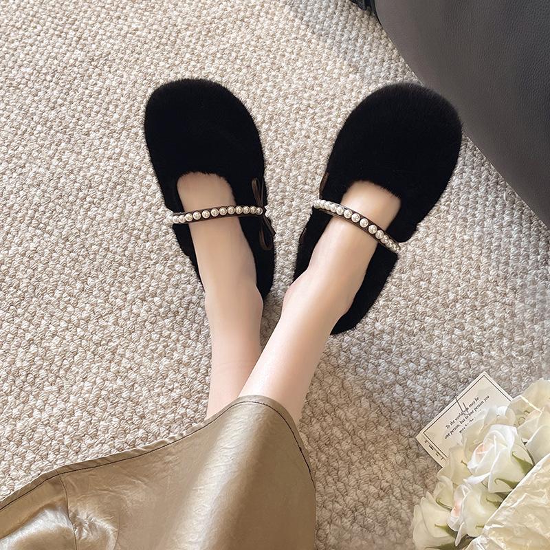 2025 New One-pedal Fluffy Shoes for Women's Autumn and Winter Outer Wear Fleece Single Shoes Flat-soled Large-size Warm Doudou Shoes