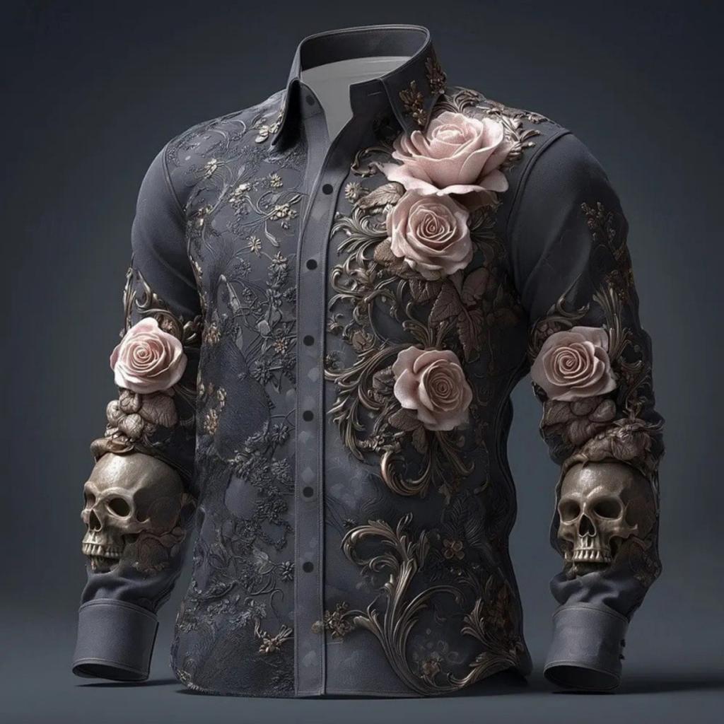 Unique long-sleeve shirt with 3D rose and skull embossed pattern, edgy and stylish.