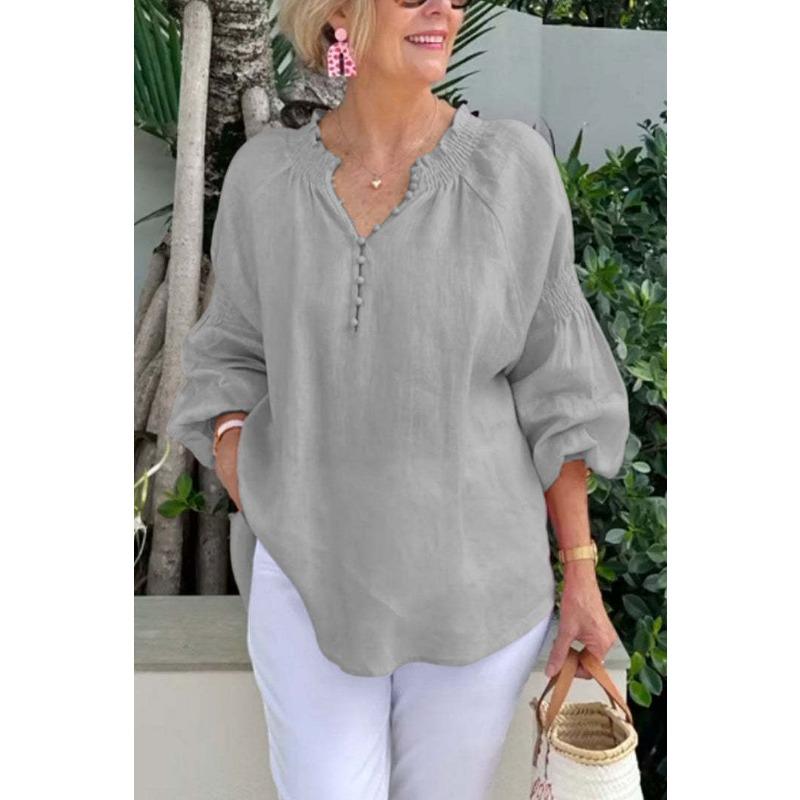 Womens Linen V Neck Pom Pom Detail Lantern Sleeve Blouse Casual Loose Top