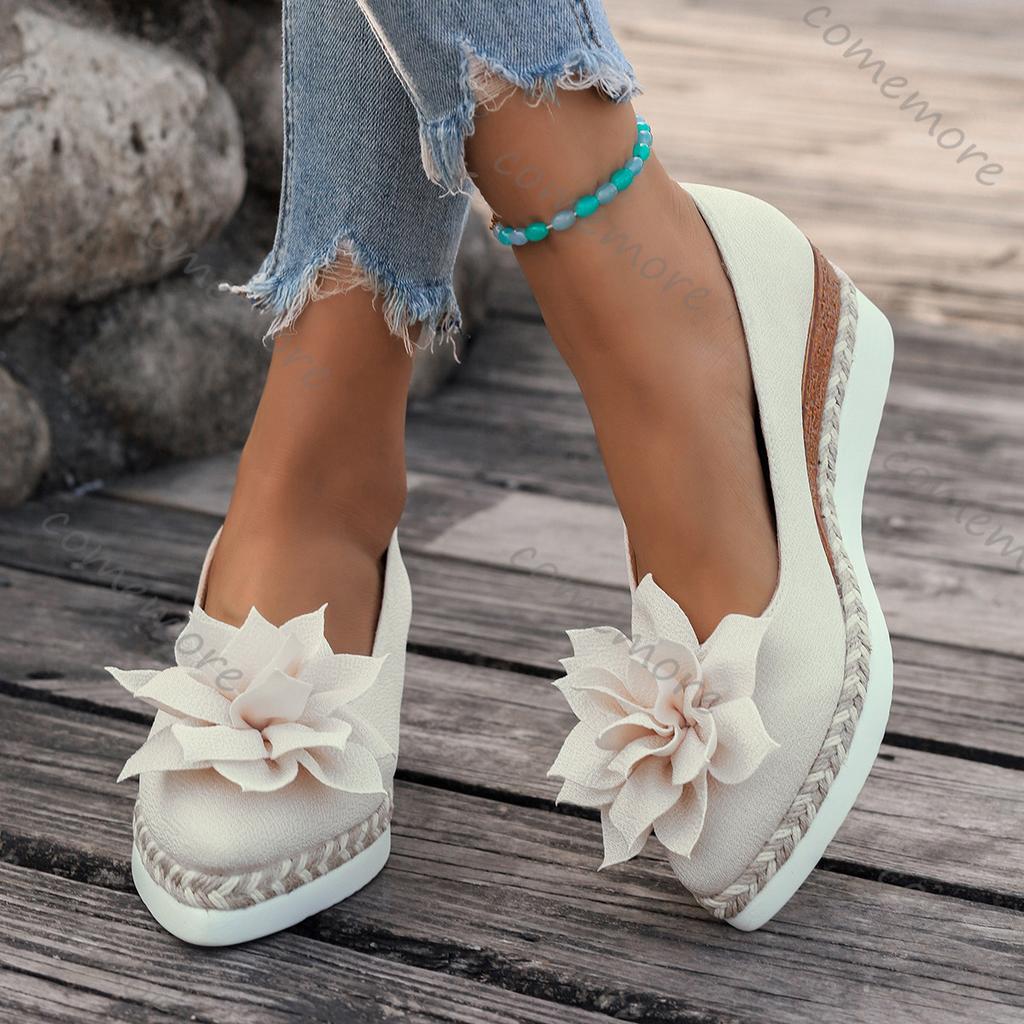 Fashion Comemore Flower-patterned Women Pumps Spring Summer Casual Wedge High Heels Slip On Loafers Flat Bottom Single Shoes for Women
