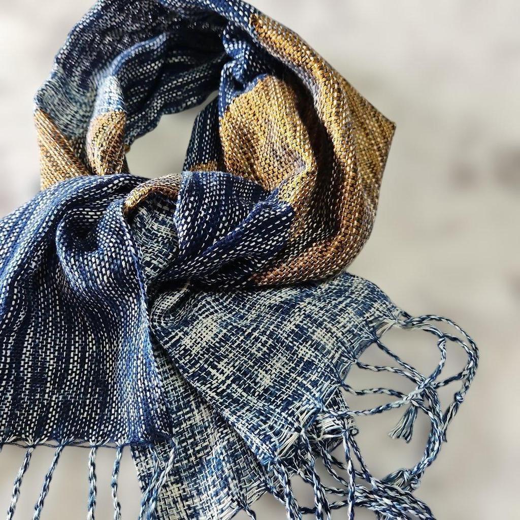 Used New, hand-woven stole, navy (indigo dye) and dark gold