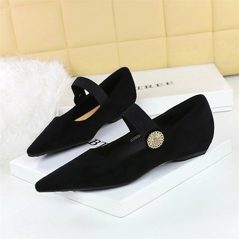 Korean Version Comfortable Low Heel Wedge Versatile Suede Shallow Mouth Metal Decorative Elastic Strap One Strap Single Shoes