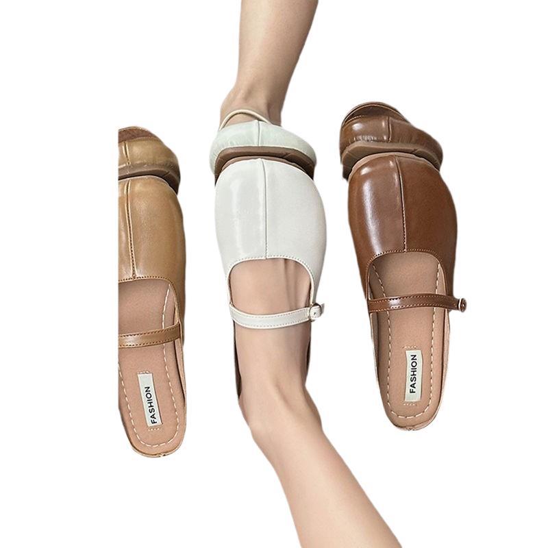Baotou Half Slippers Women's Summer Wear 2025 Korean Version of Round Head Fashion Niche Soft Leather Flat Bottom Gentle Versatile Grandma Shoes