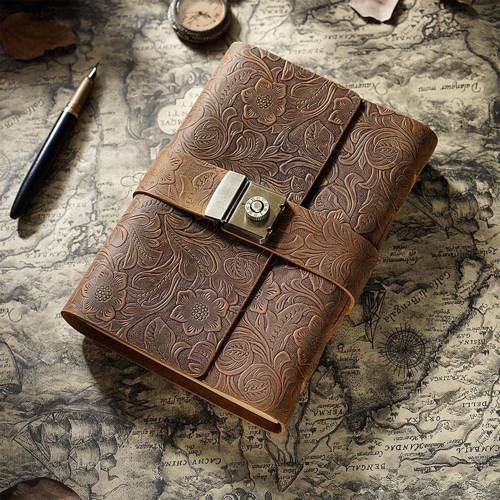 AIGUONIU Retro Handmade Genuine Leather Notebook A7 Hardcover Size with Password Lock Sketchbook for Men and Women