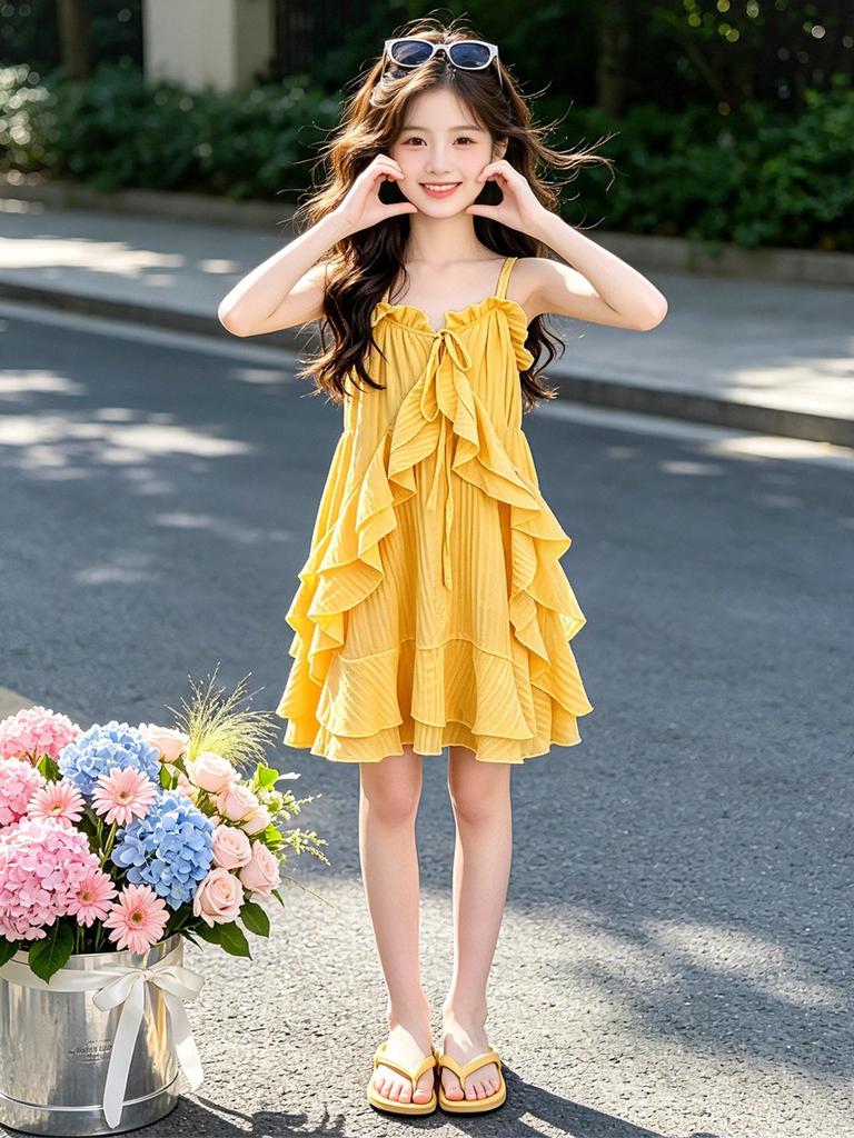 Girls' Ruffle Strappy Summer Lace Dress, 2026 New Arrivals - Princess Style Beach Vacation Dress for Middle and Older Children