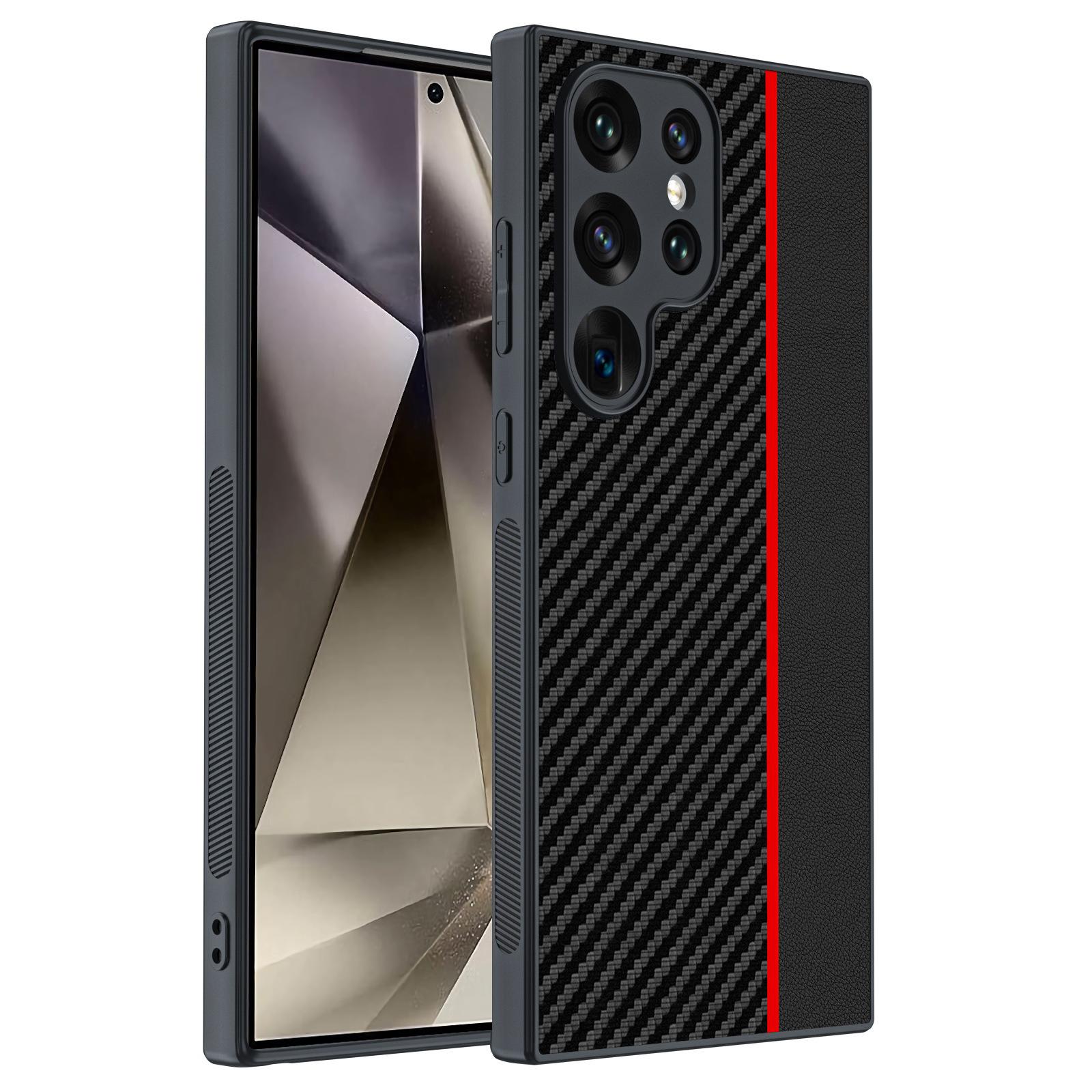 

Для Samsung Galaxy S24 Ultra чехол кожа + ПК жесткий чехол для телефона текстура углеродного волокна Black/Red