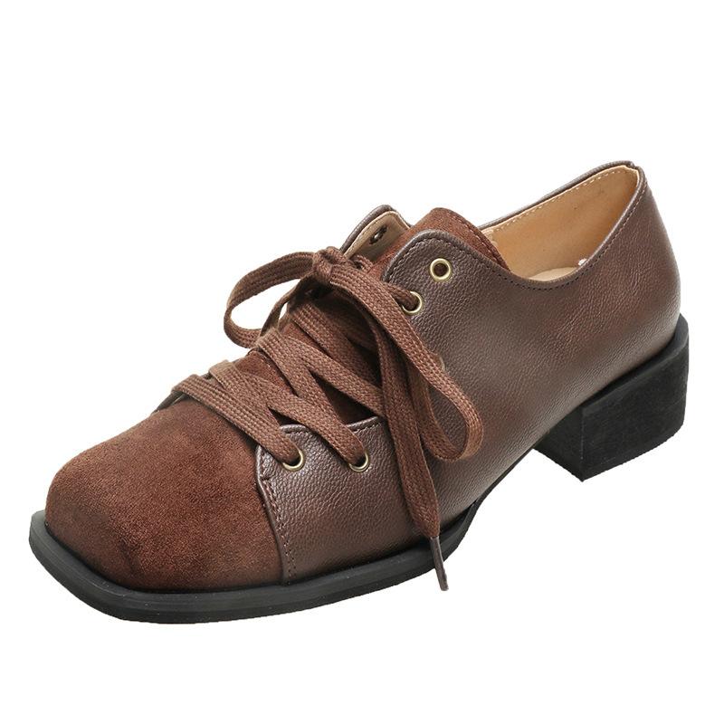 Spring and Autumn 2025 New Niche Mid-heel Retro Small Leather Shoes for Korean Style Lace-up Square Toe Fashion Women's Shoes