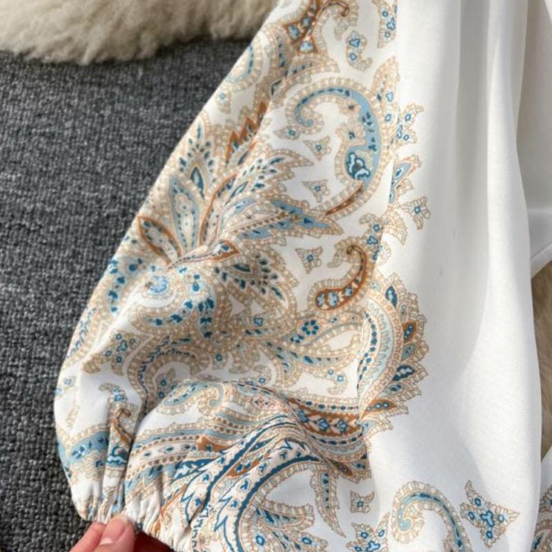 Court Style Retro Printing One Piece Dress Women V-neck Elegant Short Party Dresses Female French Belt High Waist Chic Dress Vacation