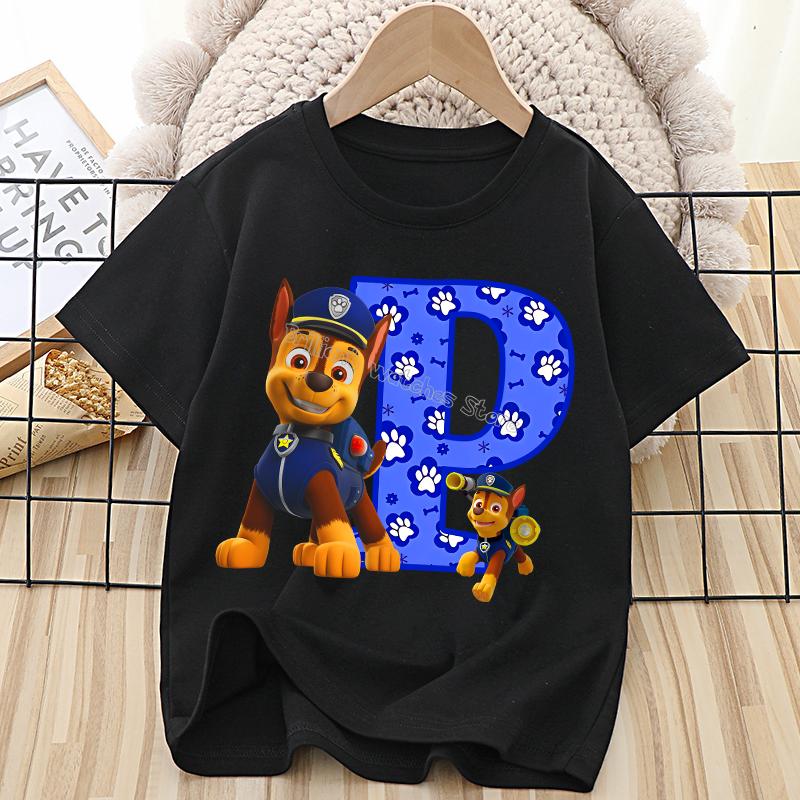 Paw Patrol Chase T-shirt for Children Cartoon Letter A-Z Tee Top Kawaii Round Collar Clothes Fashion Kids Black Clothing Gift