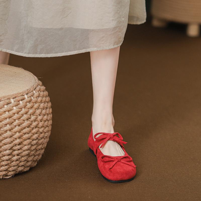 Bow red Mary Jane women's shoes summer and autumn 2025 new single shoes with skirts square head suede shallow mouth