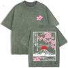 Summer Women Mount Fuji Cherry Blossoms Graphic Print Washed Cotton O Neck Oversized Short Sleeve Streetwear Loose Basic To
