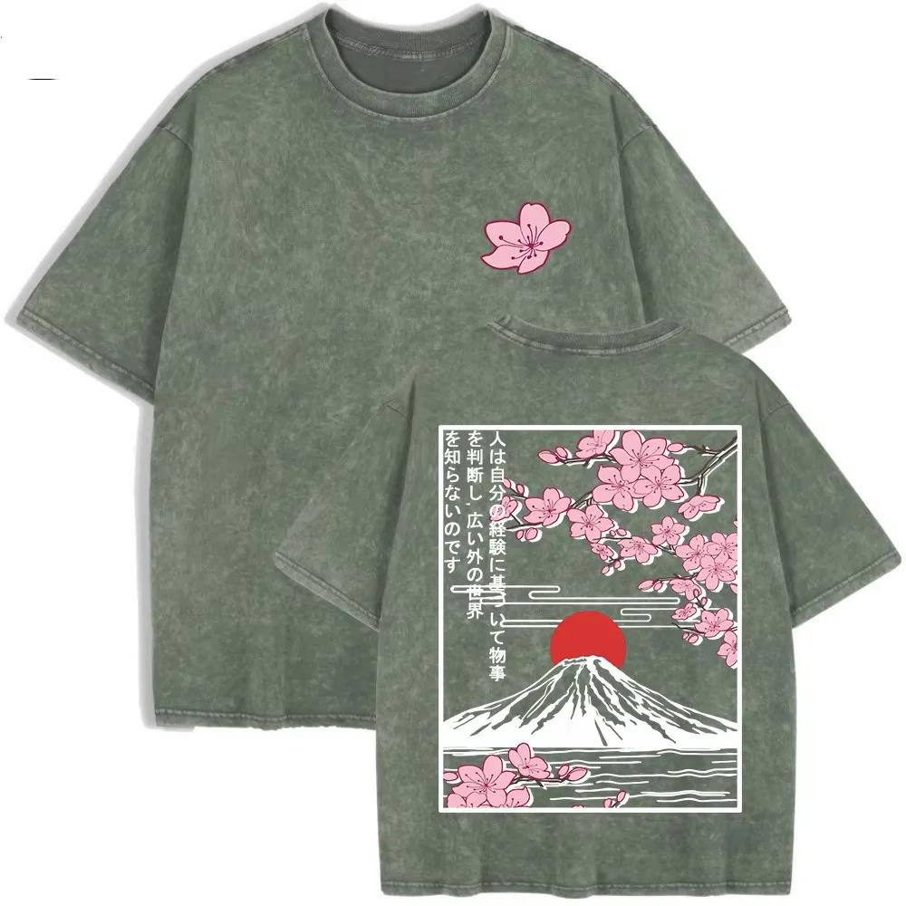 Summer Women Mount Fuji Cherry Blossoms Graphic Print Washed Cotton O Neck Oversized Short Sleeve Streetwear Loose Basic To