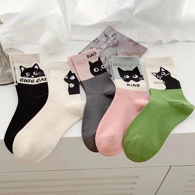 1 pár kreslených koček s potiskem Kawaii Ponožky Ženy Školní styl Školní dívky Roztomilé ponožky Pro volný čas Harajuku Retro Ponožky se střední trubkou