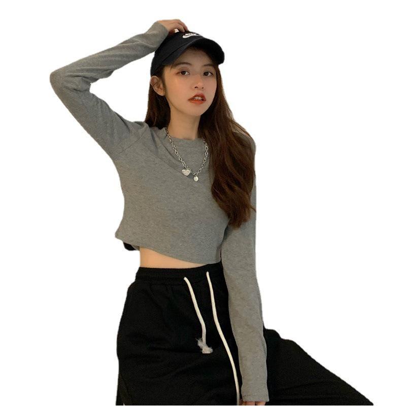 Korean Style Long-Sleeve Milk Silk Crop Top for Women - Autumn Slim Fit