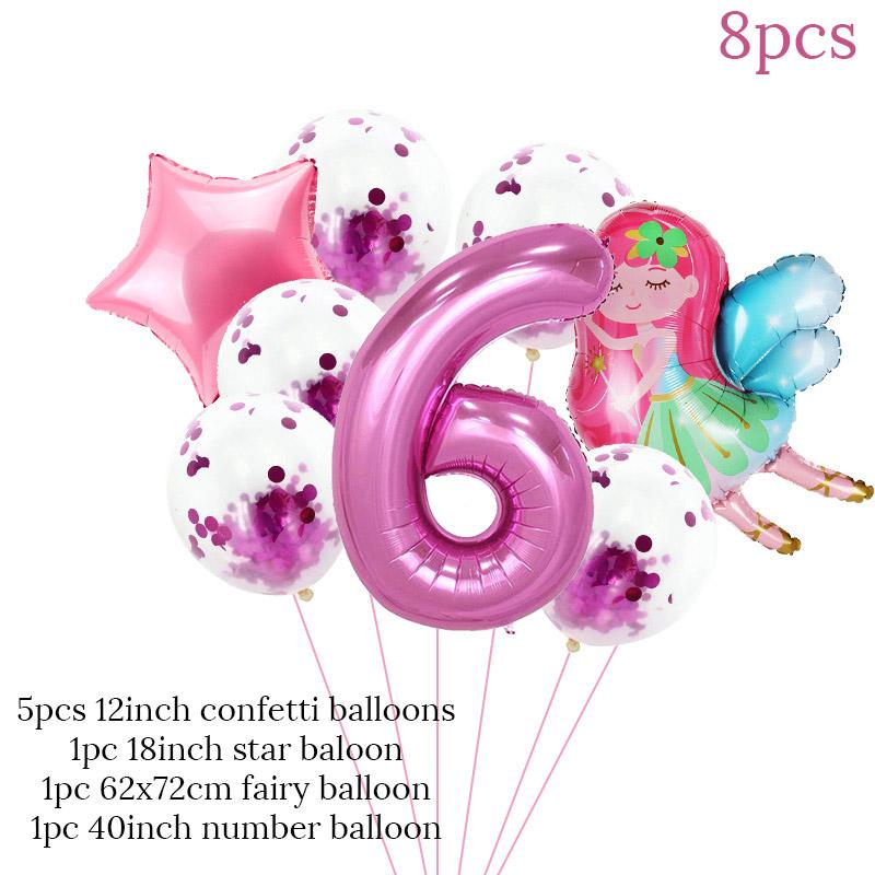 8pcs Girl Birthday Balloons Set Fairy Foil Balloons Number Helium Balloon 1 2 3 4 5 6 7 8 9 Years Old Kids Birthday Party Gifts