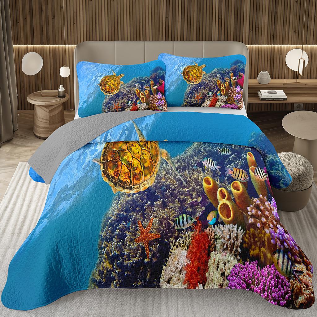 Sea Turtle Bedspread Queen Twin Underwater World Ocean Animal Coverlet Reptile Tortoise Print Quilted Bedding Set for Kids Adult