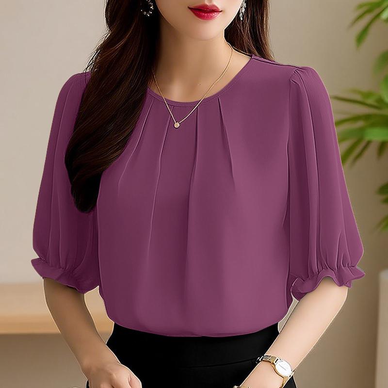 

ZANZEA Женская повседневная блузка с круглым вырезом, свободная, летняя, с рукавом три четверти кларет